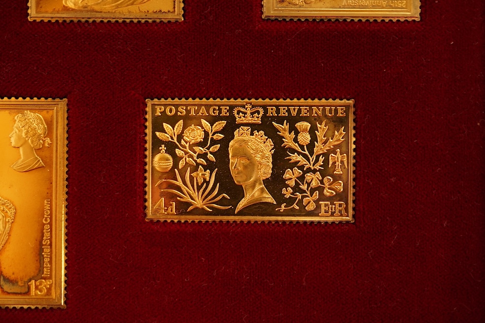 Hallmark Collections, 'The Coronation Issue 1953-1978' Collection of seven silver gilt replica stamps, in case with certificate